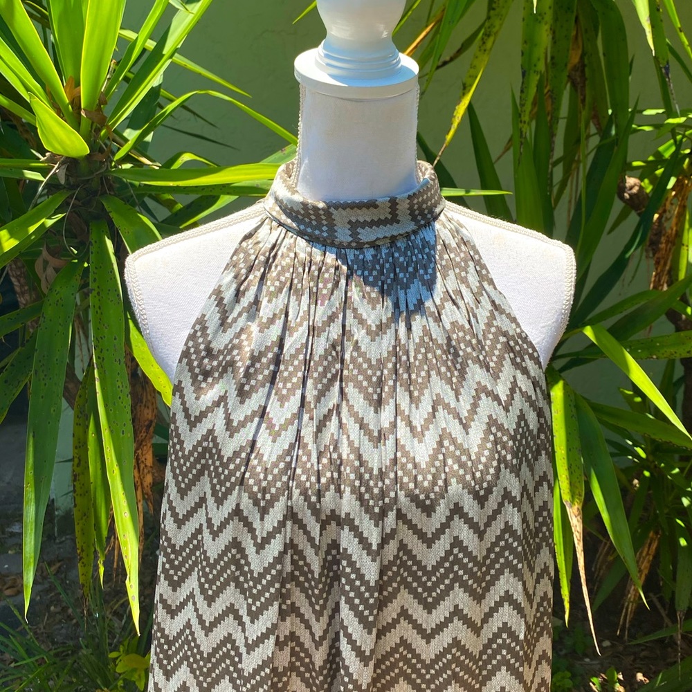 Silk Taupe Tan Halter Chevron Dress